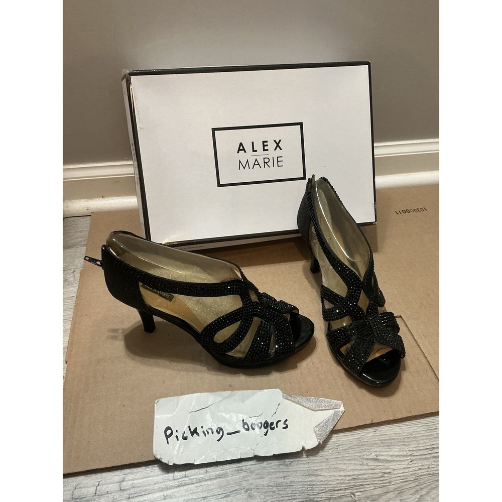 Alex Marie Black Rhinestone Heels Women's Size 7.5  M Shoes Zip Back Peep Toe